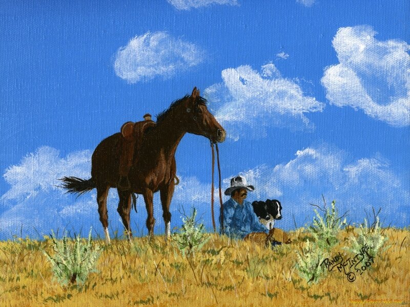 Cowboy with Horse and Dog — Blue