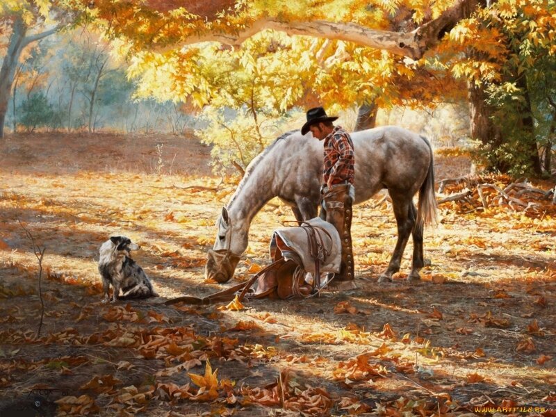 Cowboy with Horse and Dog