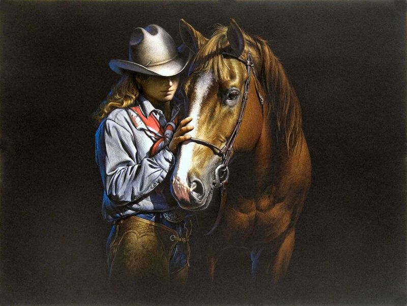 Cowboy with Horse — Brown, Dramatic, Painting, Hat