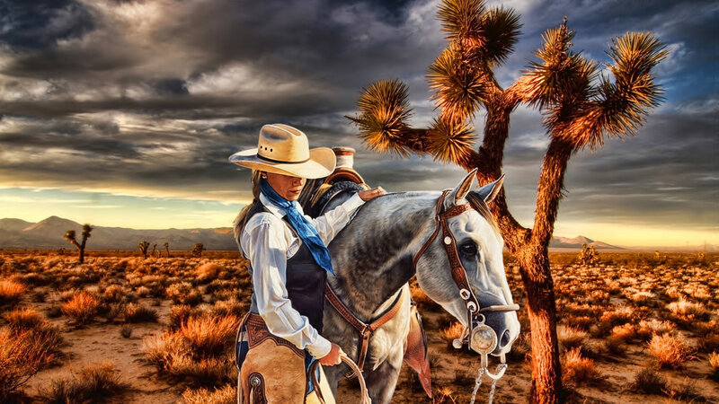 Cowboy with Horse — Brown, Dramatic