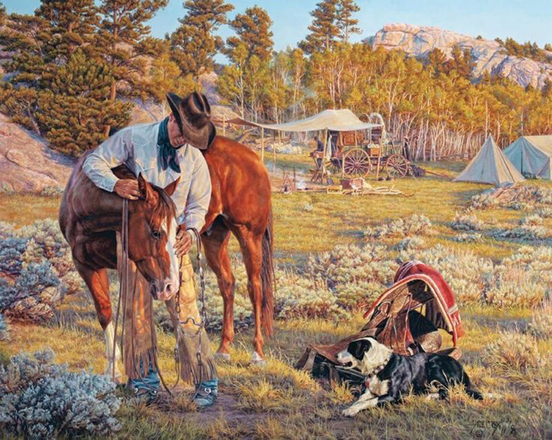 Cowboy with Horse — Brown, Peaceful, Afternoon