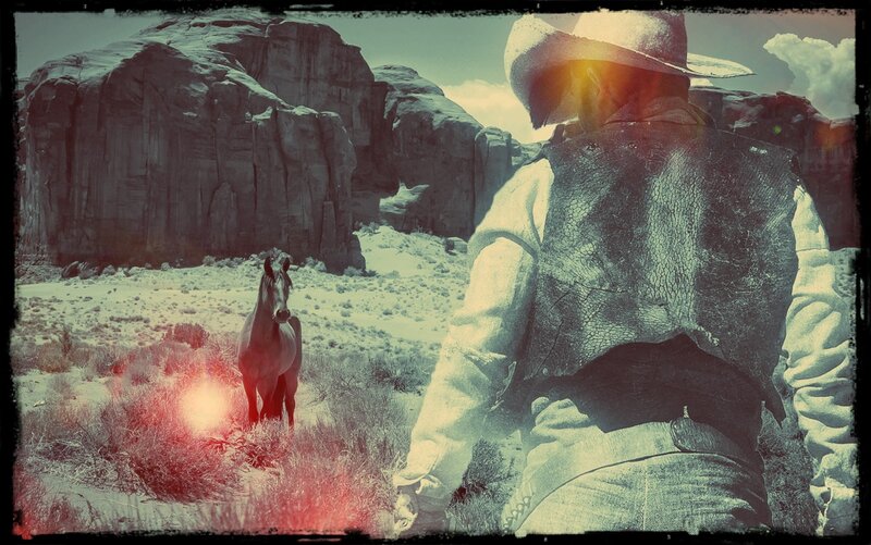 Cowboy with Horse — Green, Dramatic