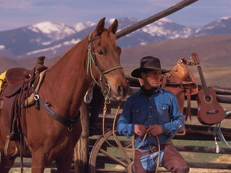 Cowboy with horse in mountains