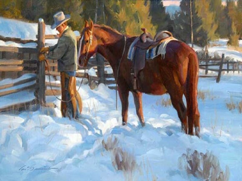 Cowboy with Horse in Snow