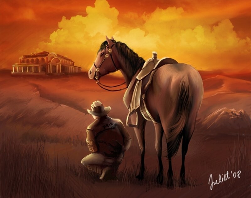 Cowboy with Horse — Orange, Dramatic, Sunset