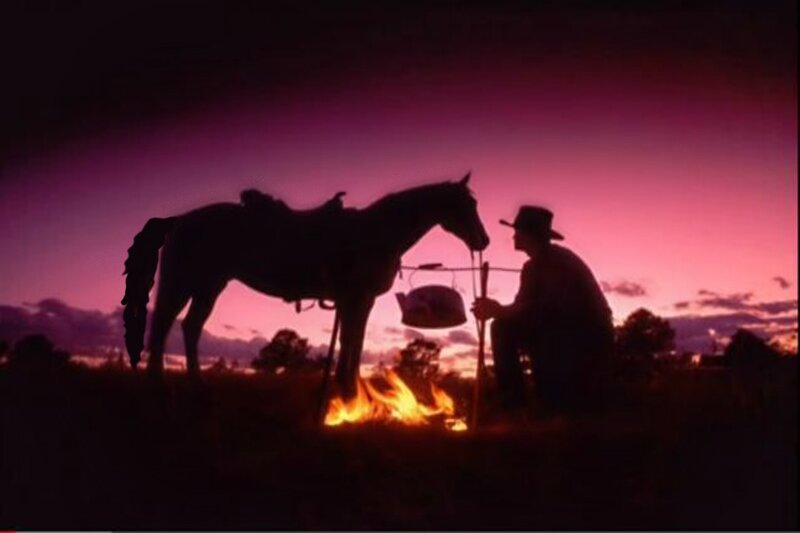 Cowboy with Horse — Purple, Dramatic, Sunset, Photograph