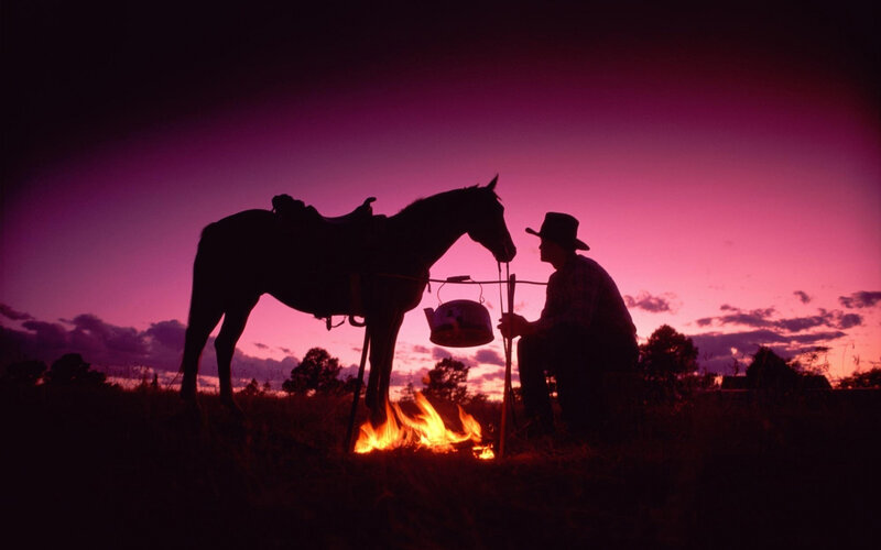 Cowboy with Horse — Purple, Dramatic, Sunset