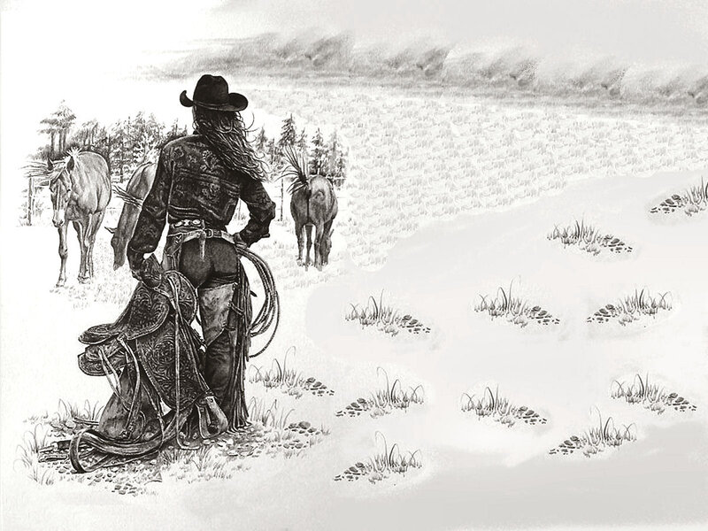 Cowboy with Horses — Black