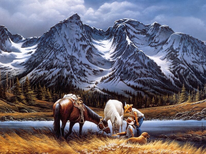 Cowboy with Horses — Blue, Dramatic
