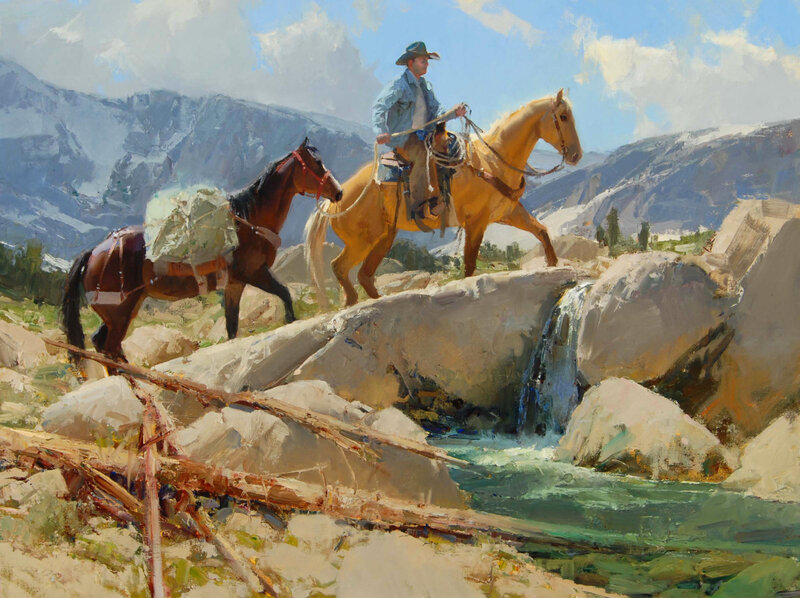 Cowboy with Horses — Blue, Serene, Afternoon, Painting