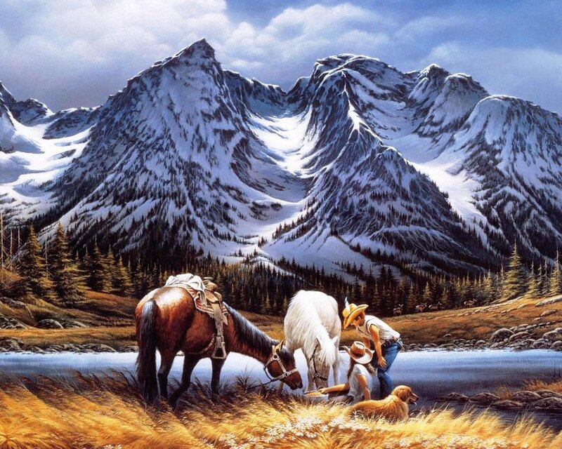 Cowboy with Horses — Blue, Serene, Afternoon