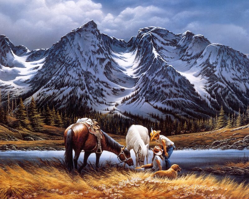 Cowboy with Horses — Blue, Serene