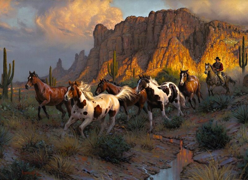Cowboy with Horses — Brown, Dramatic, Sunset, Painting