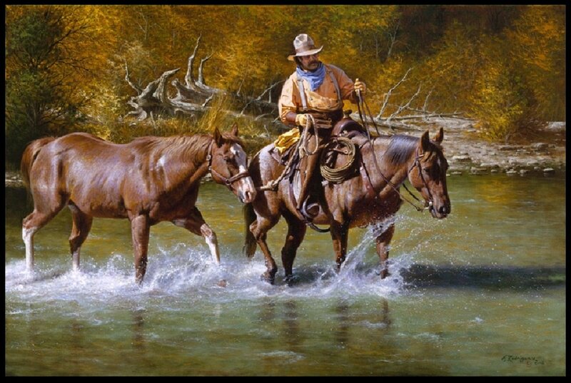 Cowboy with Horses — Brown