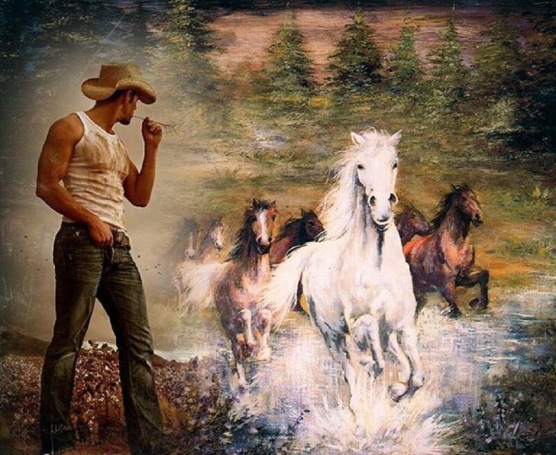 Cowboy with Horses — White