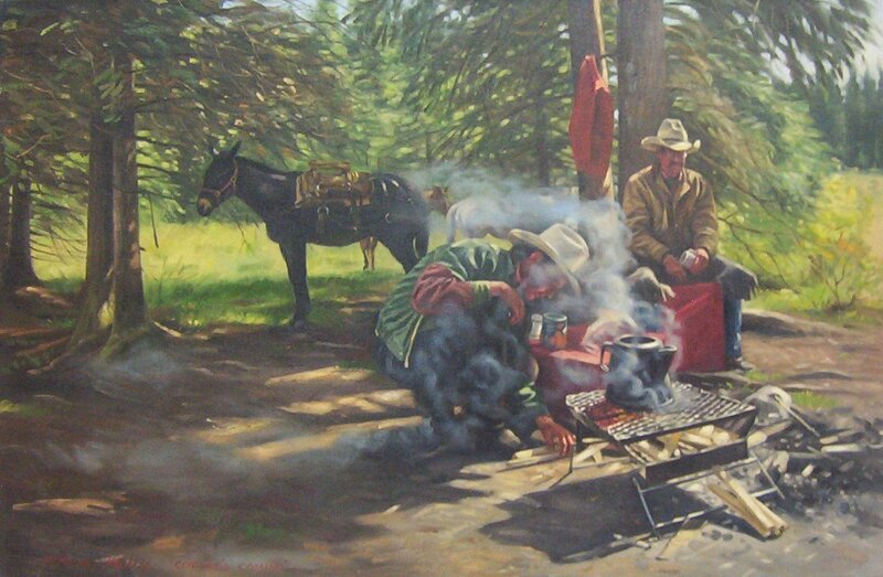 Cowboys at camp in forest