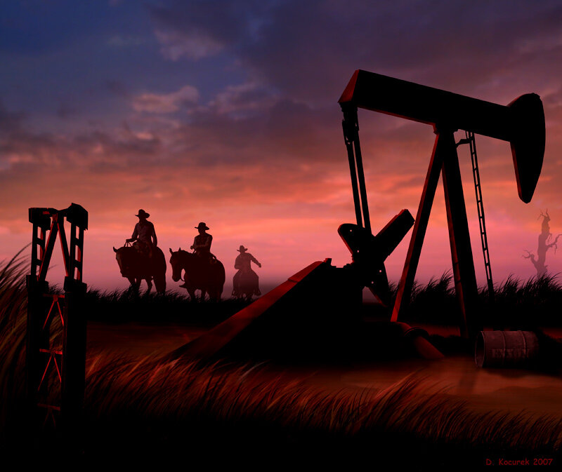 Cowboys at oil field sunset