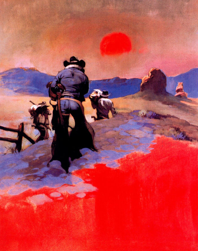 Cowboys at sunset in the desert