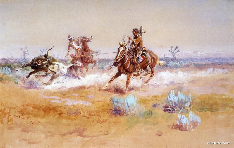 Cowboys Chasing Bull — Brown, Dramatic