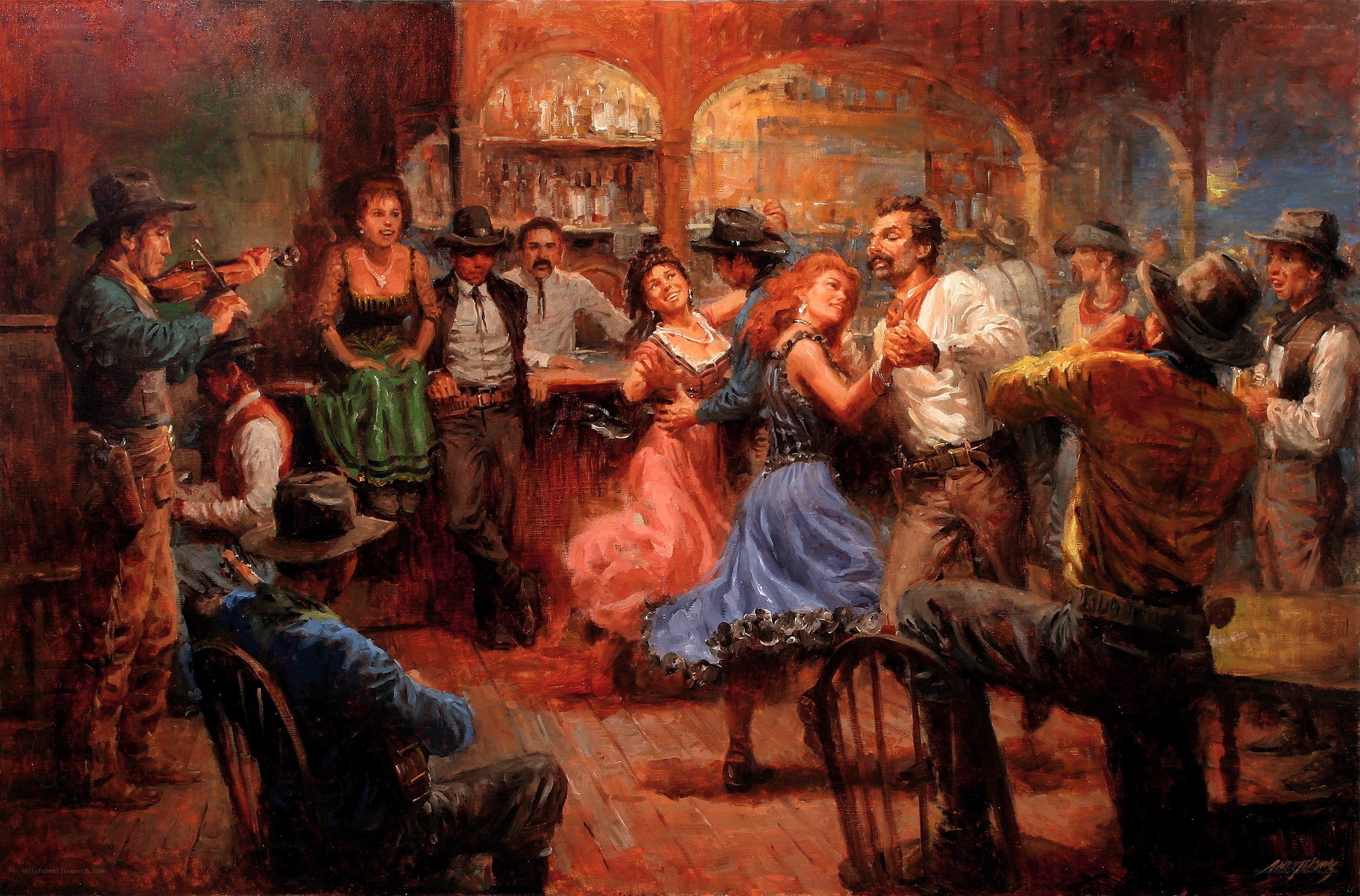 Cowboys dancing in a saloon