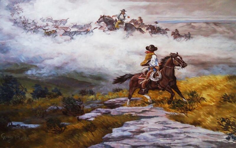 Cowboys Herding Cattle — Brown, Dramatic, Afternoon, Painting, Horses, Dust Storm