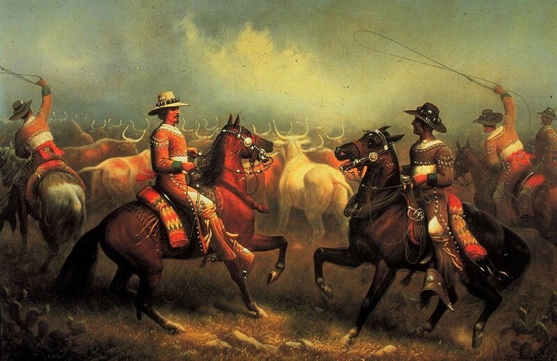 Cowboys Herding Cattle — Brown, Dramatic, Afternoon, Painting