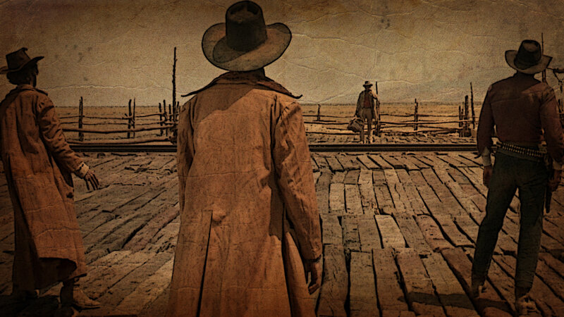 Cowboys on a wooden platform