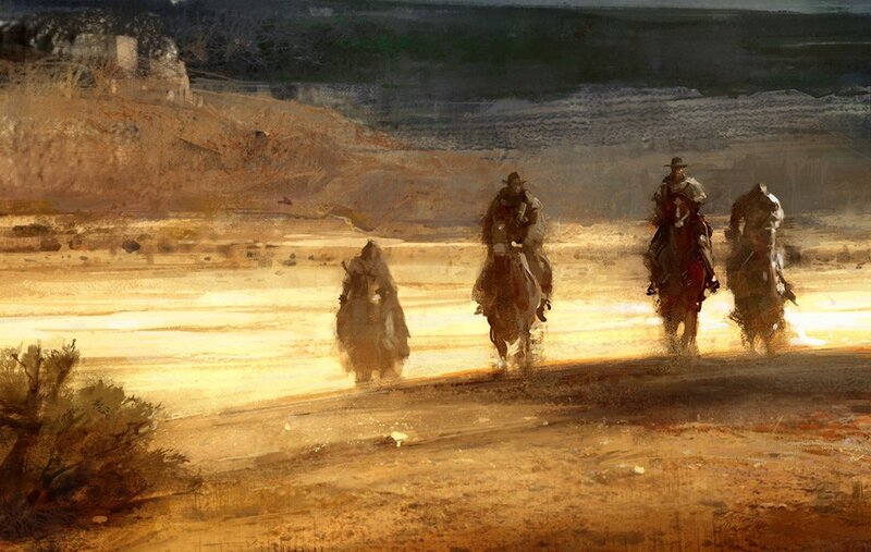 Cowboys on horseback at sunset