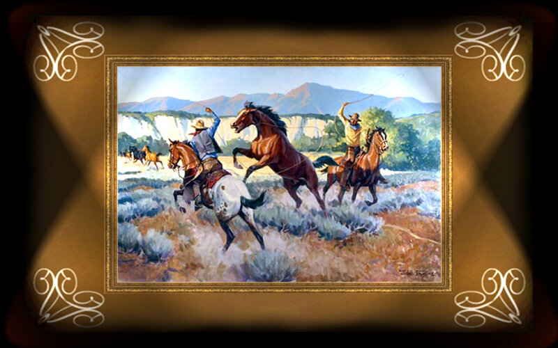 Cowboys on Horseback — Brown, Dramatic, Afternoon, Painting, Horses