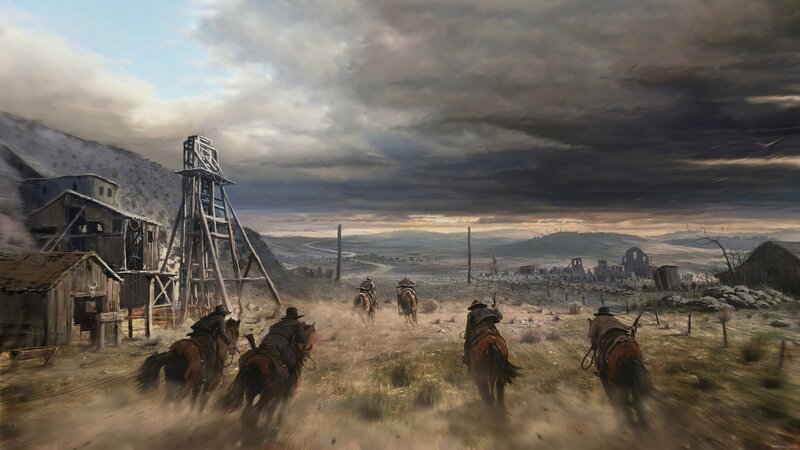 Cowboys on Horseback — Brown, Dramatic, Sunset, Digital Art