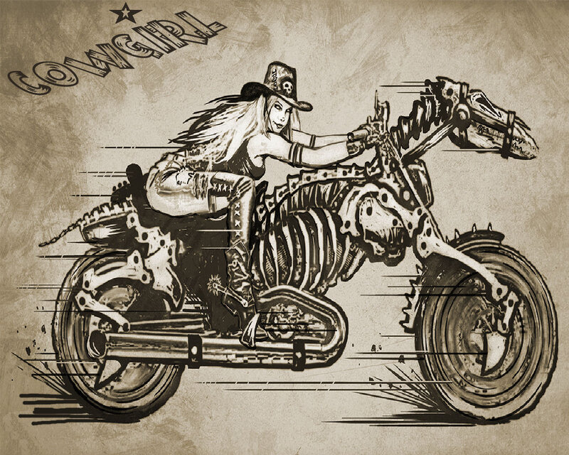 Cowgirl on Skeleton Motorcycle