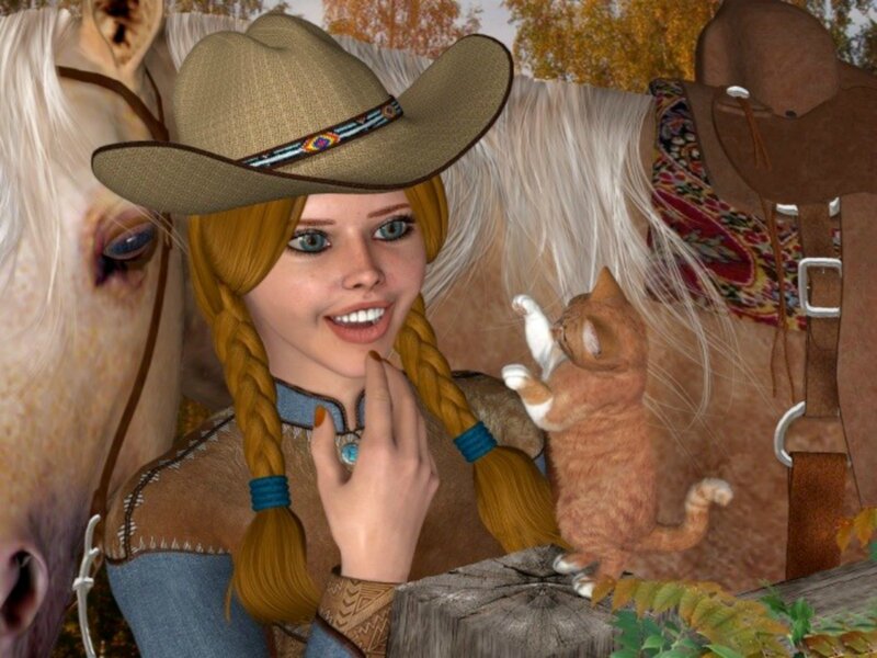 Cowgirl with Cat and Horse