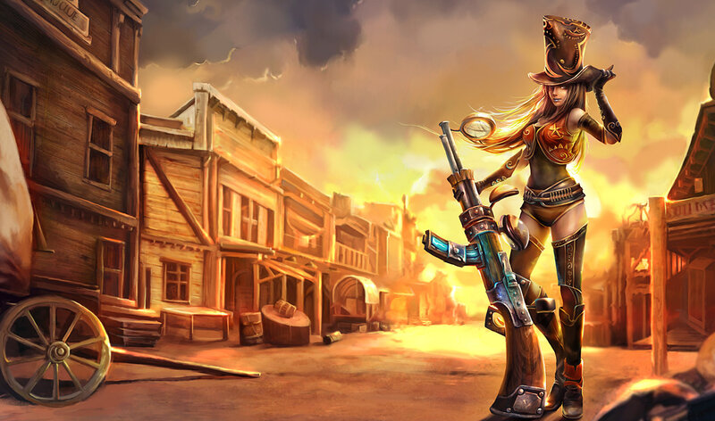 cowgirl with rifle in town