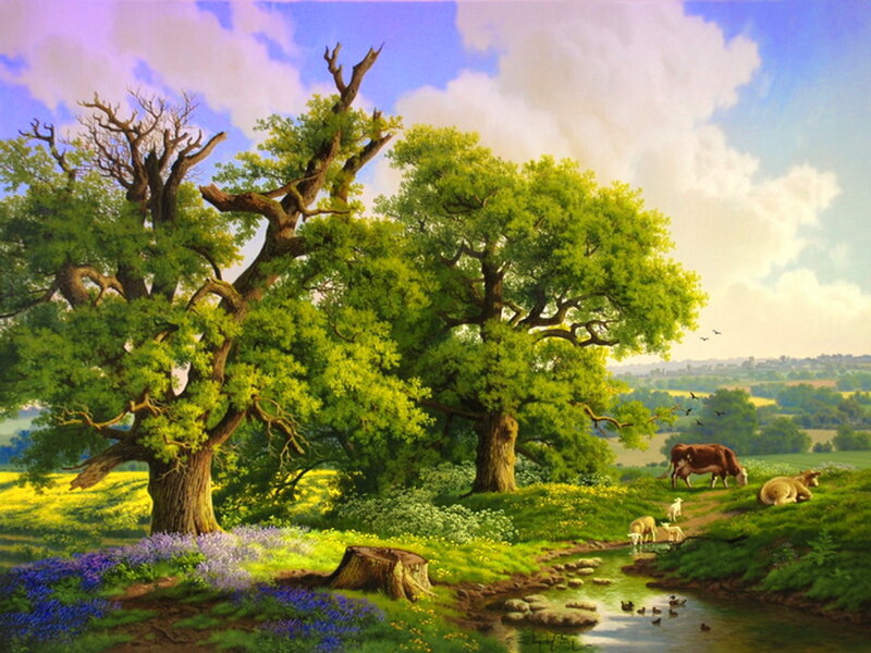 Cows and Sheep in Field — Green, Serene