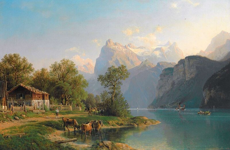 Cows Drinking at Lake