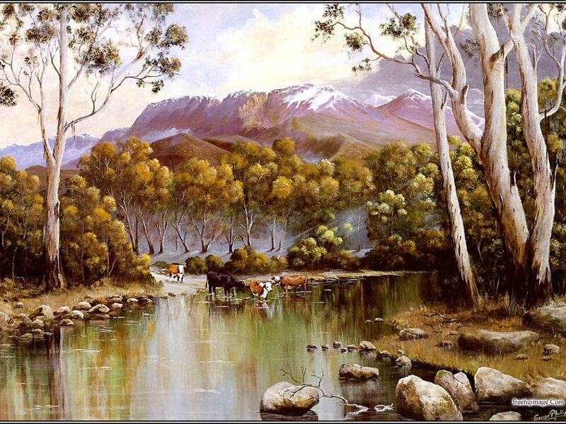 Cows Drinking at River