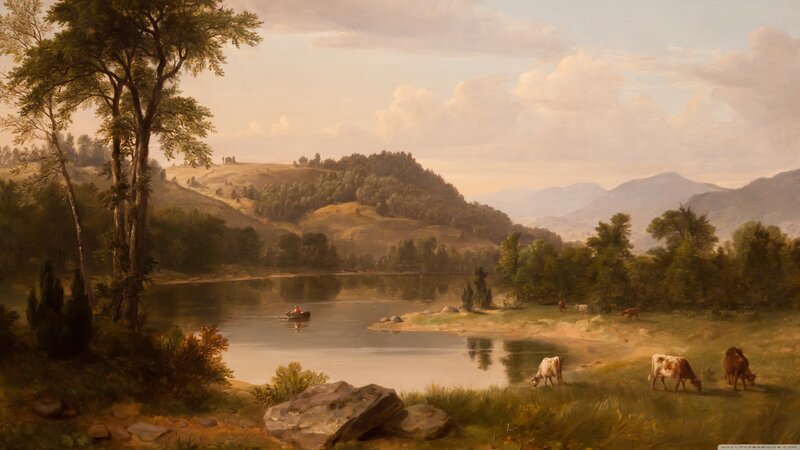 Cows Grazing by Lake