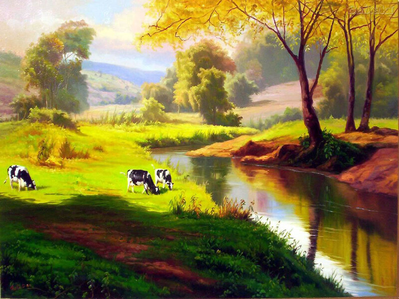 Cows Grazing by River — Green