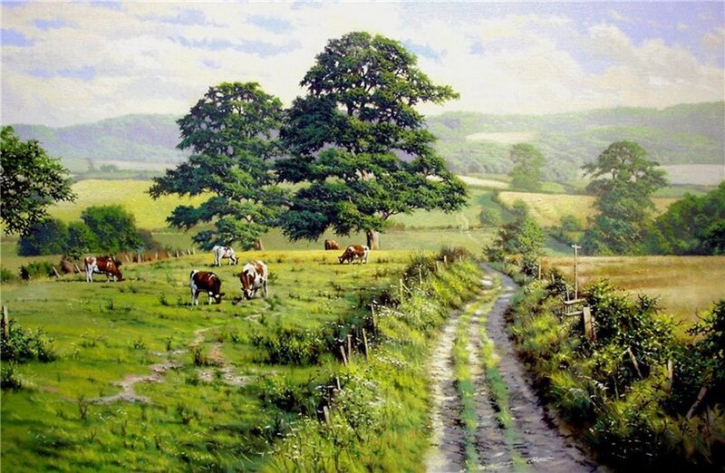 Cows Grazing in Field — Green, Serene, Afternoon, Painting