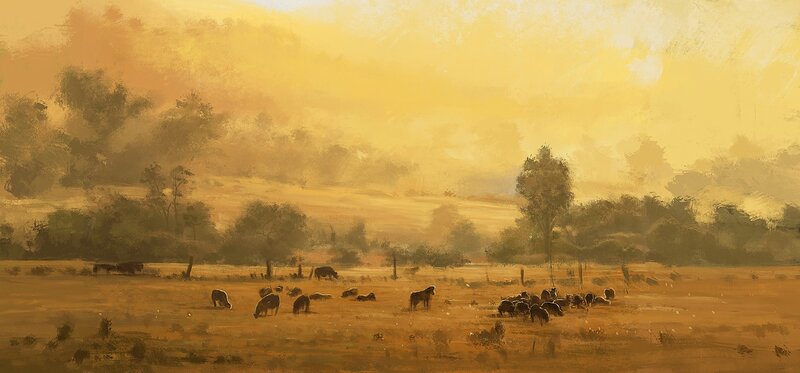 Cows Grazing in Field — Yellow, Serene, Sunset