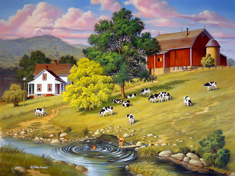 Cows Grazing on Hillside — Green, Serene