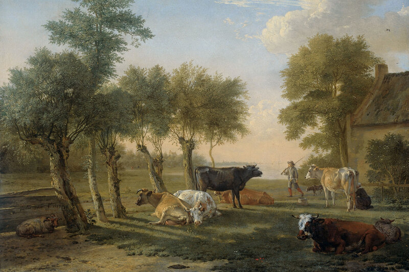 Cows in a Pasture — Green, Serene, Afternoon, Painting, Trees, Farmer