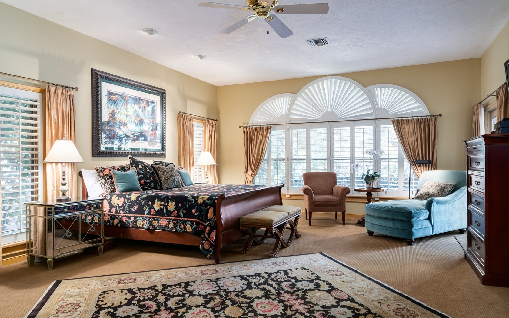 Cozy bedroom with floral bedspread