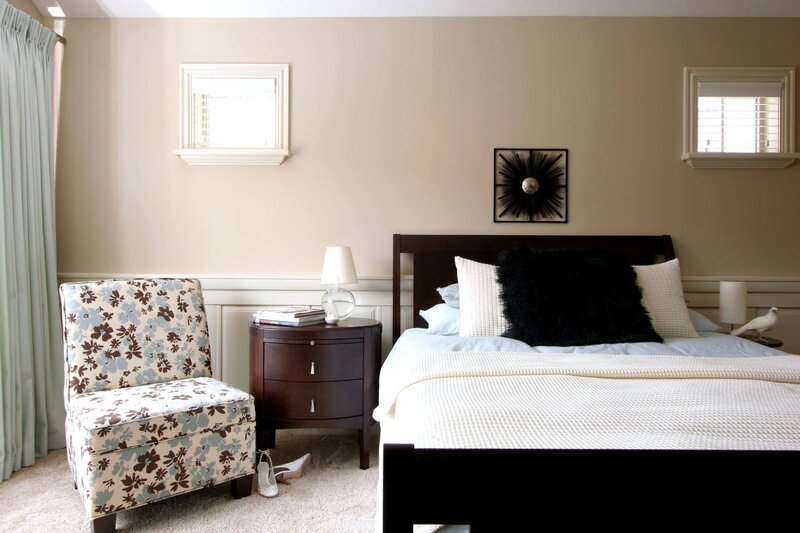 cozy bedroom with floral chair
