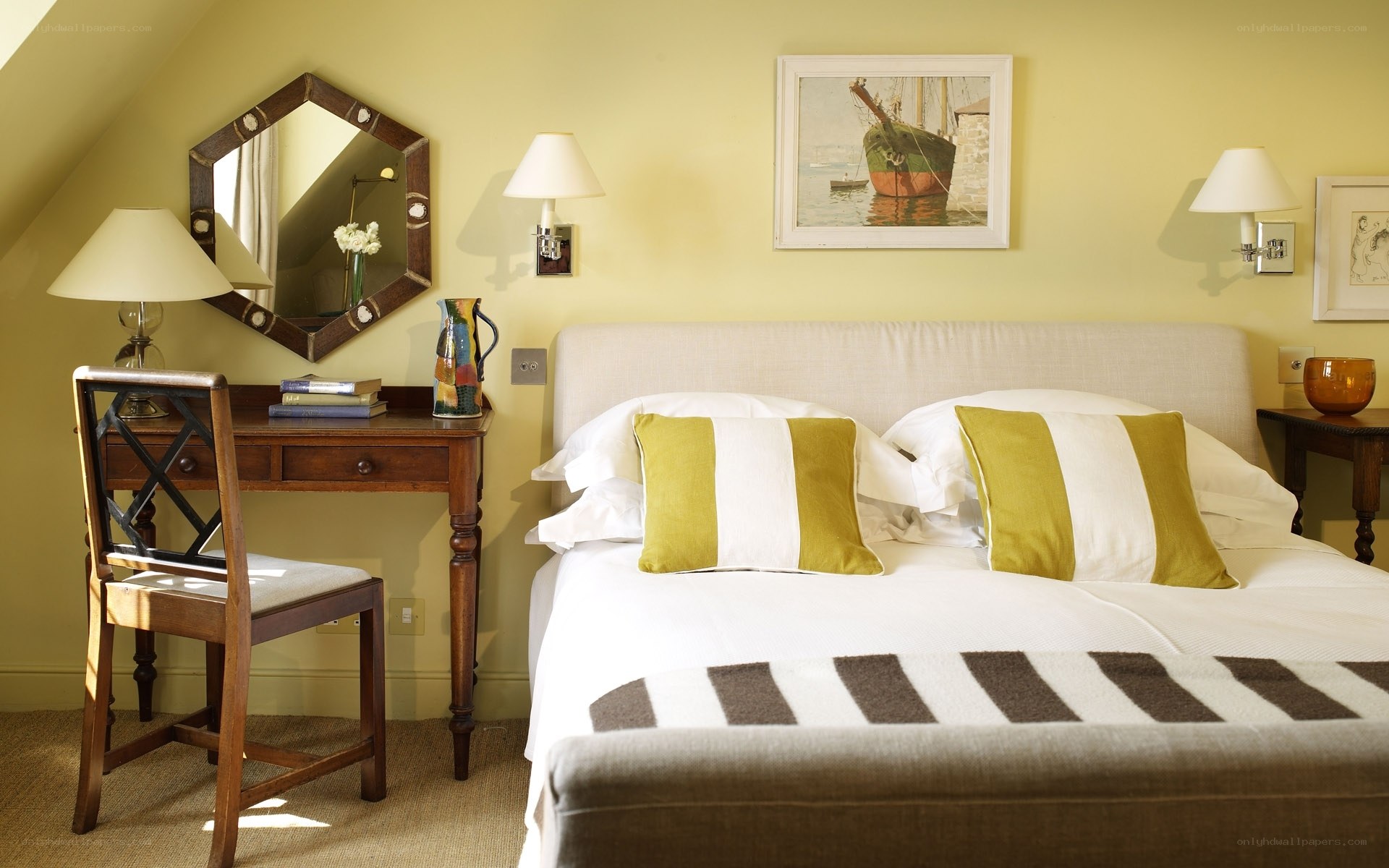 Cozy bedroom with yellow walls