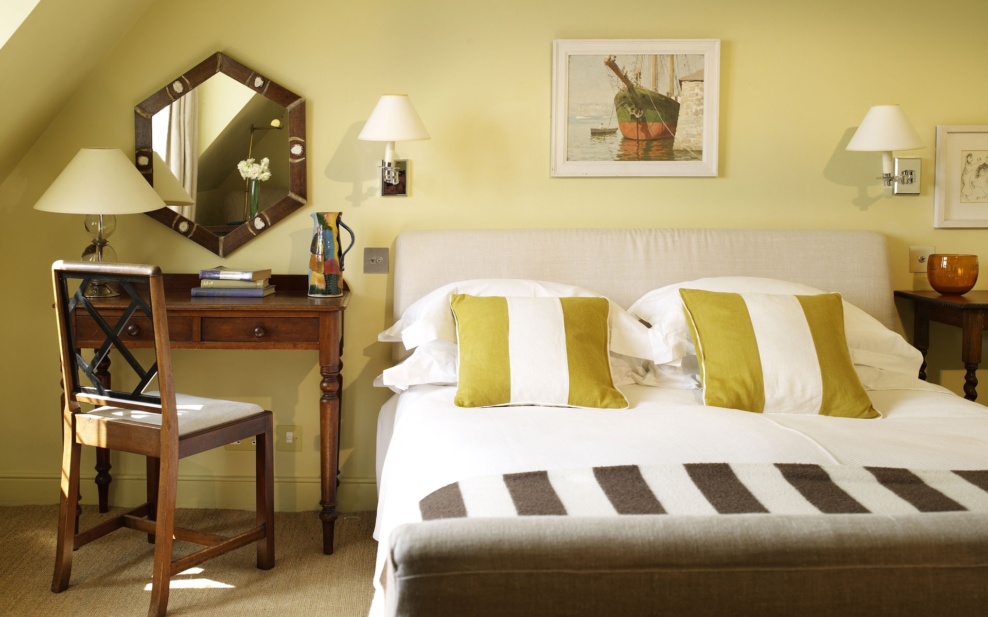 Cozy bedroom with yellow walls