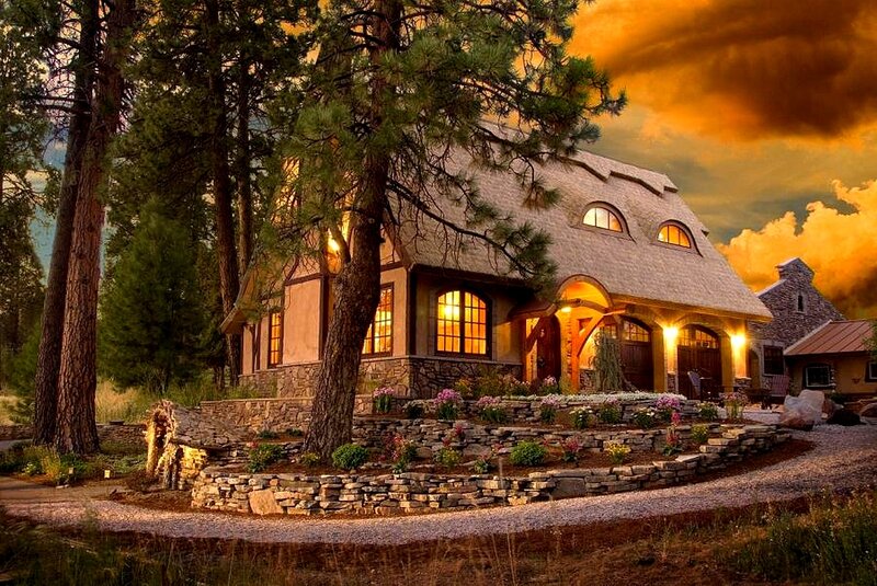 Cozy cabin at sunset