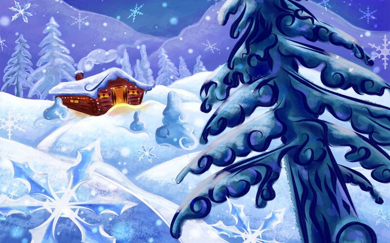Cozy cabin in snowy forest