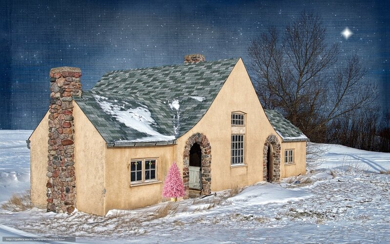 Cozy cabin in snowy night
