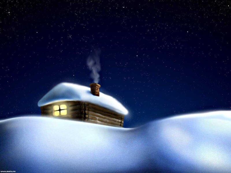 Cozy cabin in snowy night